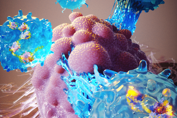artistic rendering of CRISPR enhanced T-cells attacking tumor